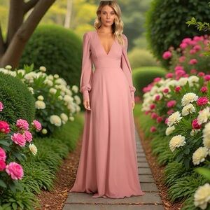 Lulu's Blush Long Sleeve Open Back Maxi Dress Dress Romantic Elegant Occasion